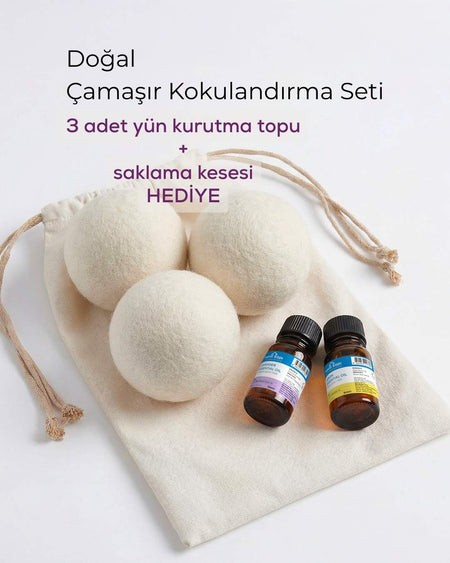 Doğal Çamaşır Kokulandırma Seti – Yün Kurutma Topu ve Uçucu Yağ Hediyeli