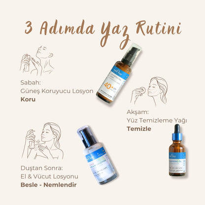 3 Adımda Yaz Rutini | Güneş Koruyucu Krem + Yüz Temizleme Yağı + El &amp; Vücut Losyonu | %30 Avantajlı